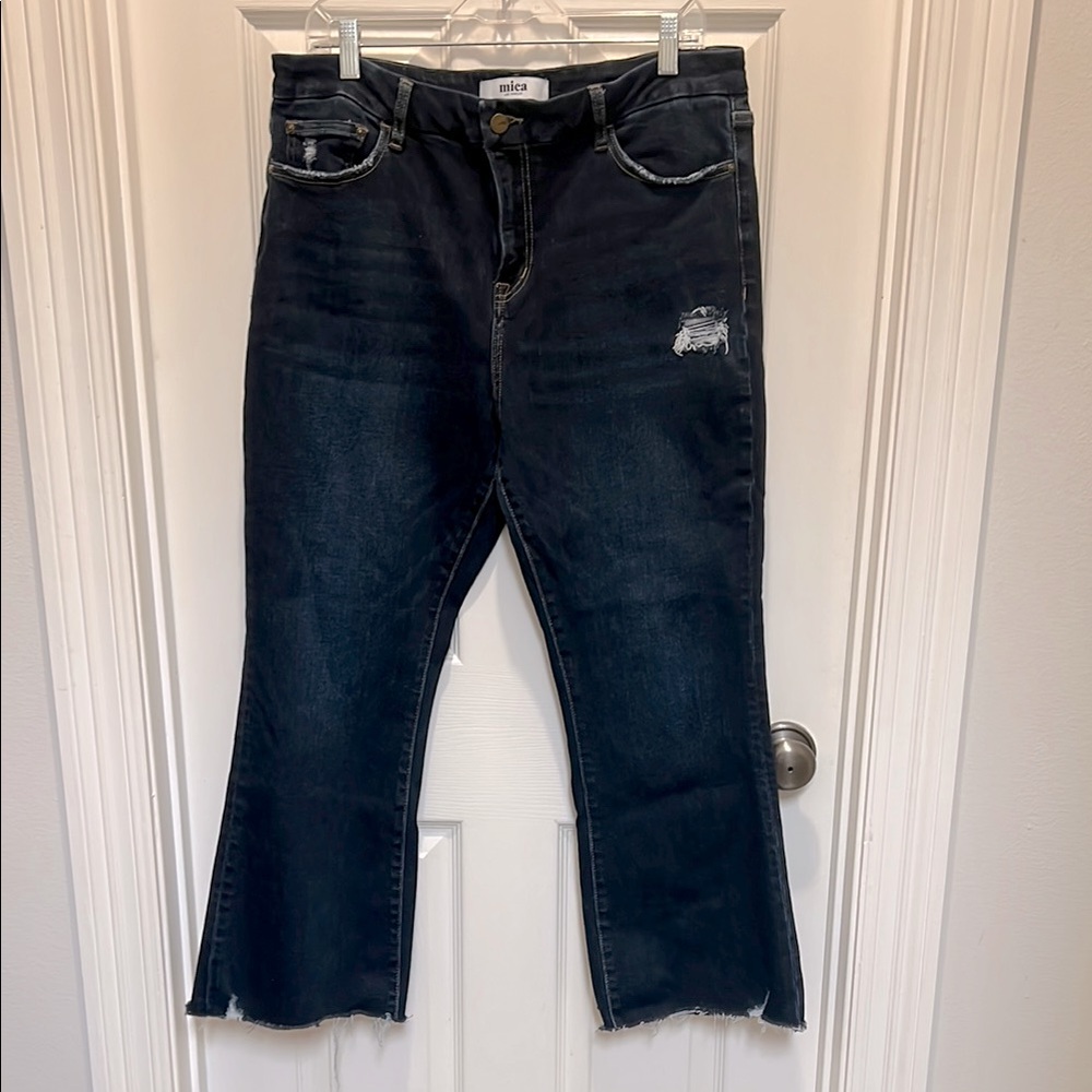 Mica jeans. Distressed, ankle length, dark blue denim. Size 32 (16). Comfy!